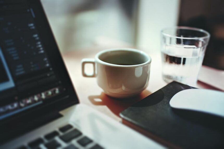 work online with a cup of coffee